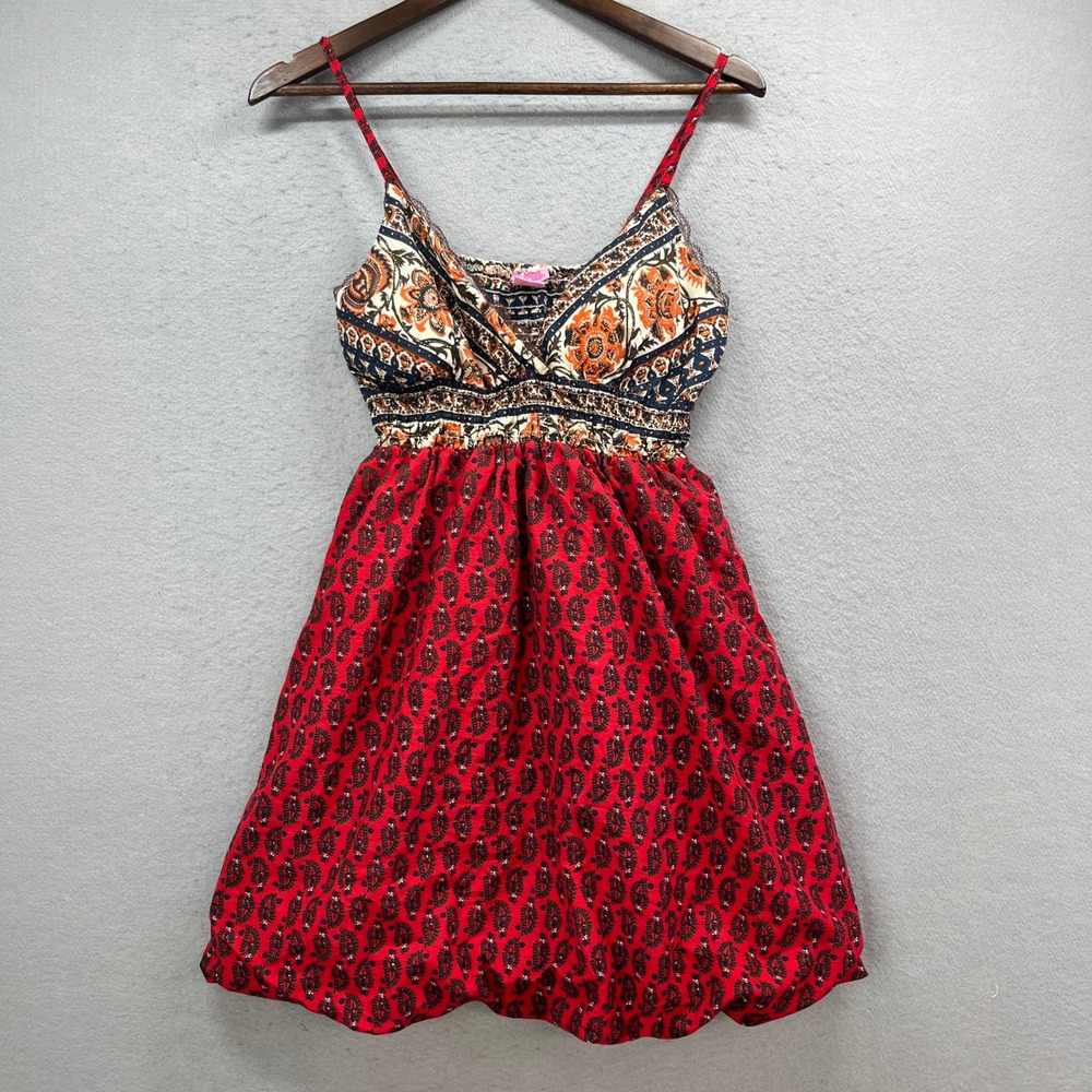 Shes Cool Sun Dress Womens L Red‎ Floral Paisley Coastal Indie Hippie Boho Midi